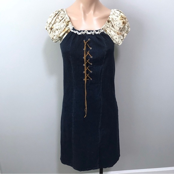 Maria Gabrielle New York Denim Peasant Dress Tie Front Cap Sleeves - Picture 1 of 5